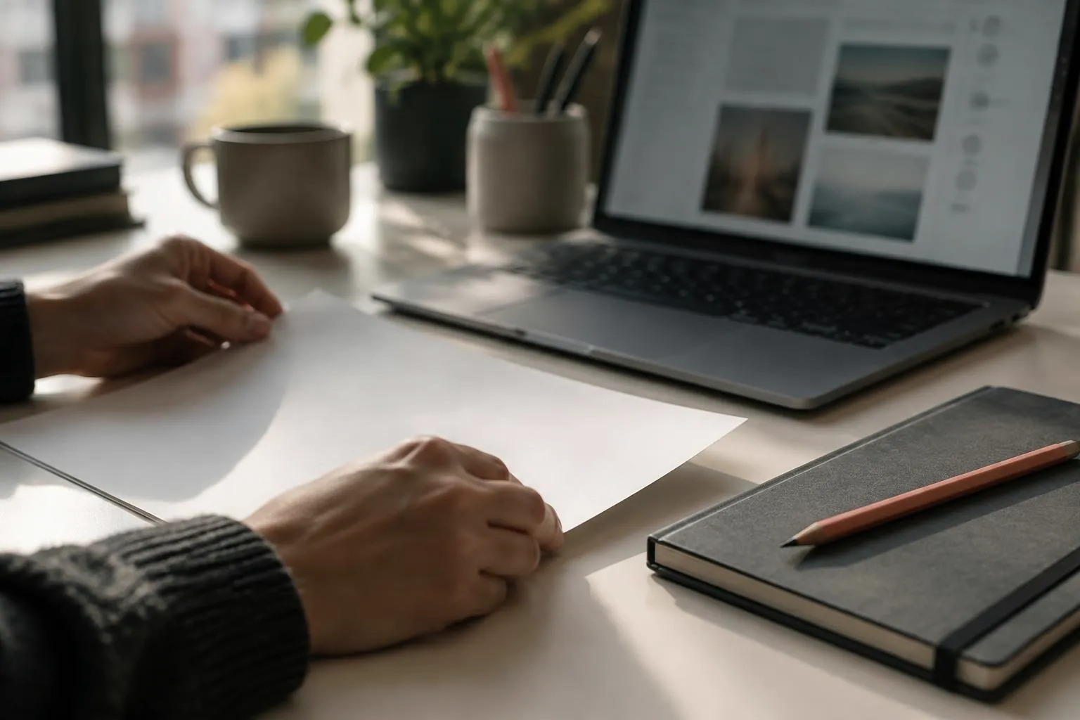 Hands moving blank paperwork beside a laptop