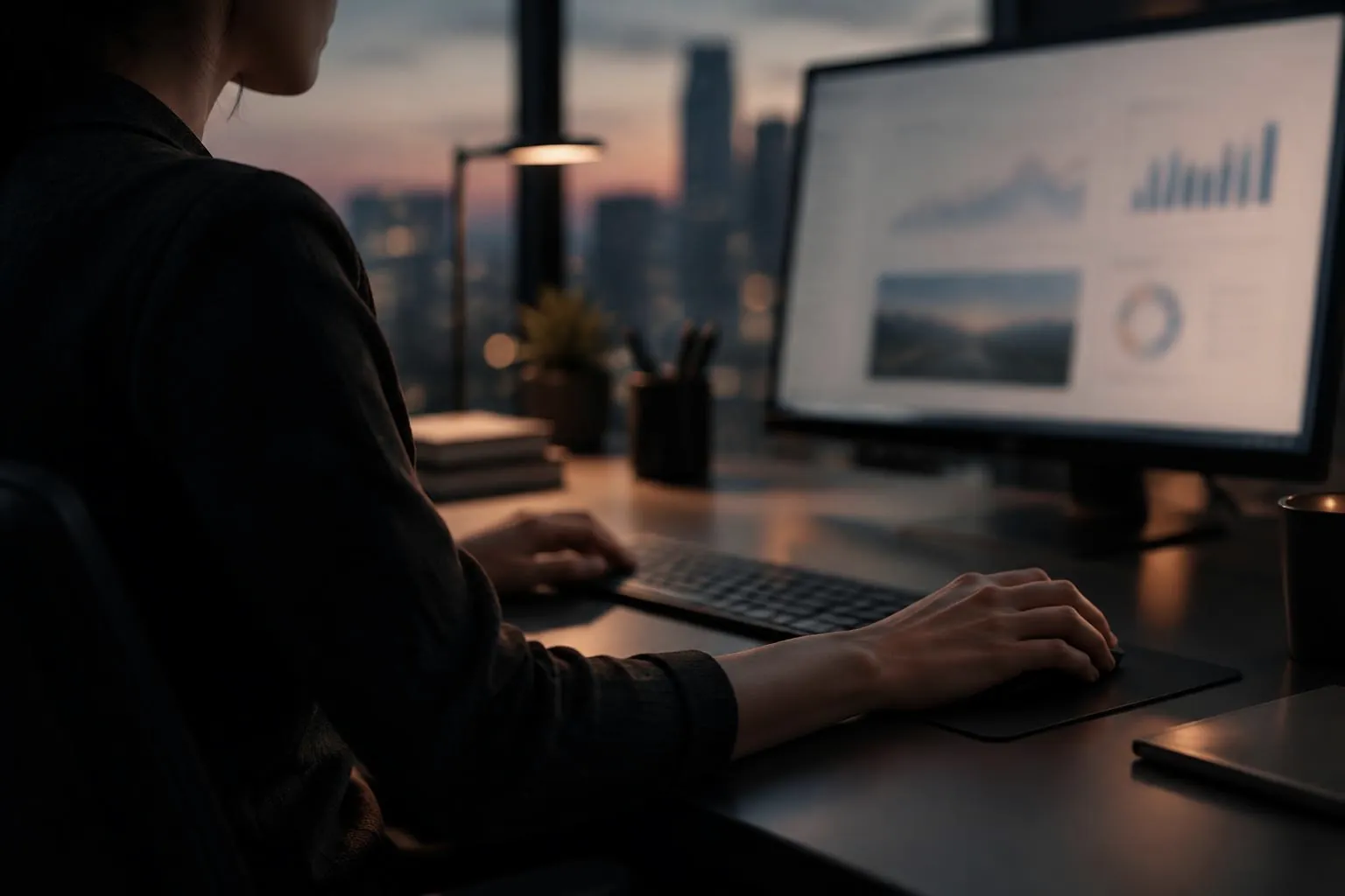 Anonymous professional reviewing an out-of-focus screen in a quiet office